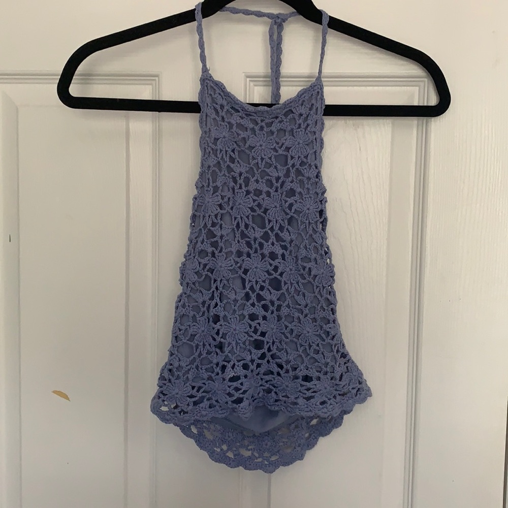 Dusty Blue Crochet Halter Neck Crop Tank Top
